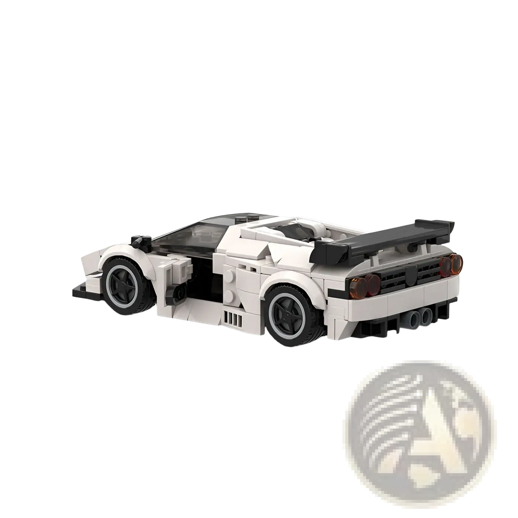 Lego Technic sports car model Diablo GT in white and black with sleek aerodynamic design and prominent rear spoiler