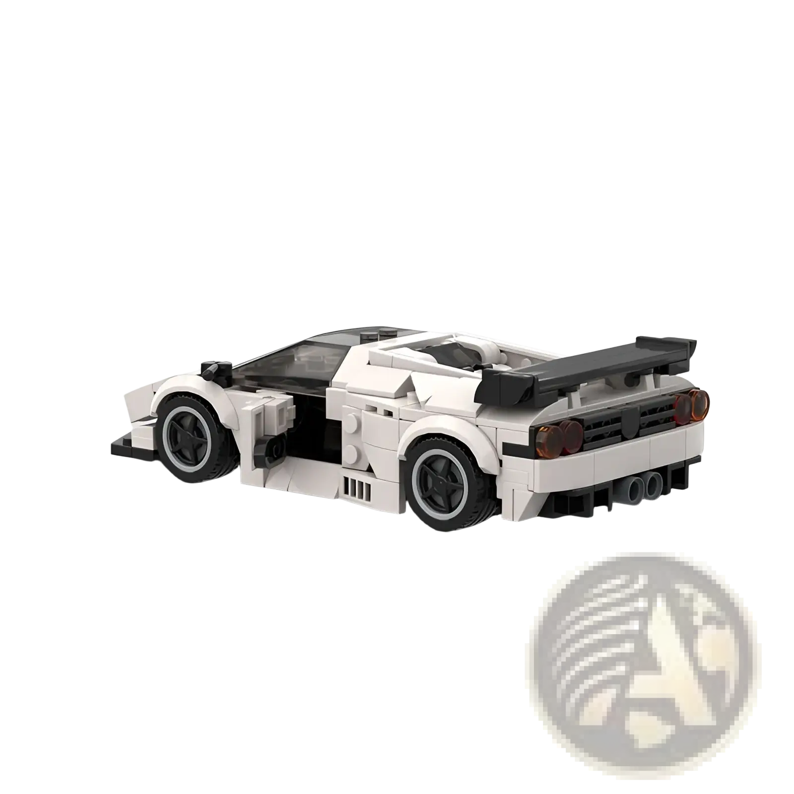 Lego Technic sports car model Diablo GT in white and black with sleek aerodynamic design and prominent rear spoiler