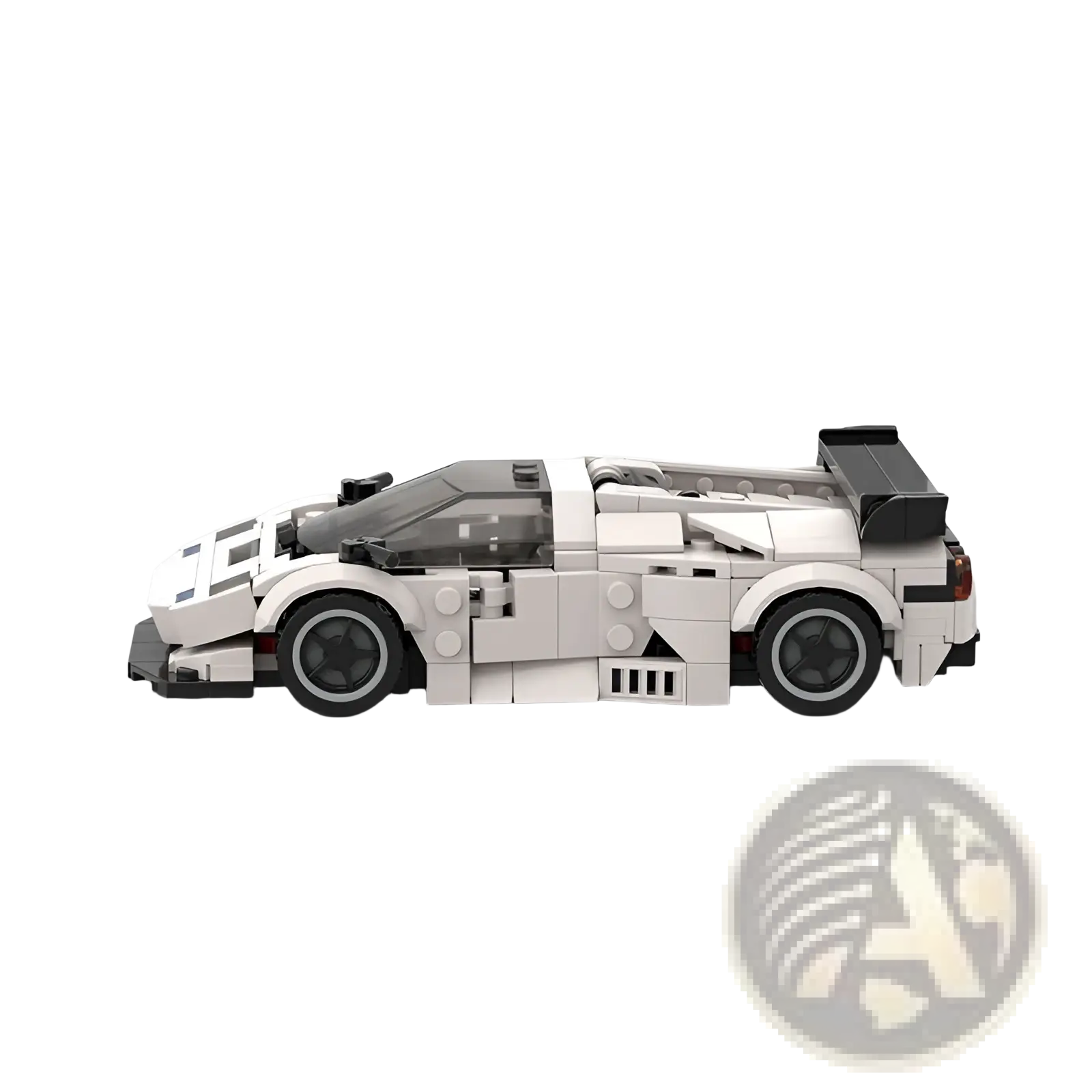 Lego technic sports car model Diablo GT in white and black with transparent cockpit and aerodynamic features