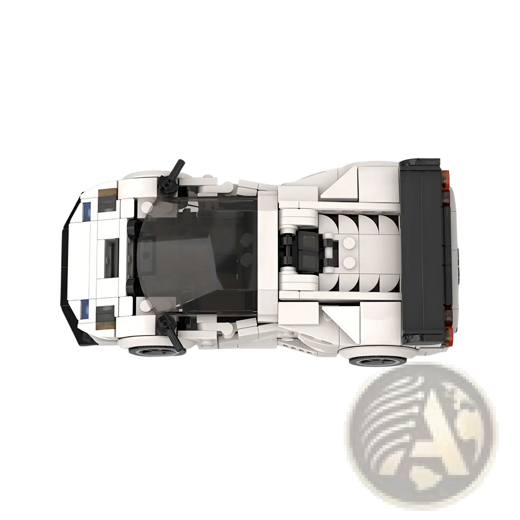 Lego technic sports car model Diablo GT in white with black accents and transparent cockpit made of building blocks