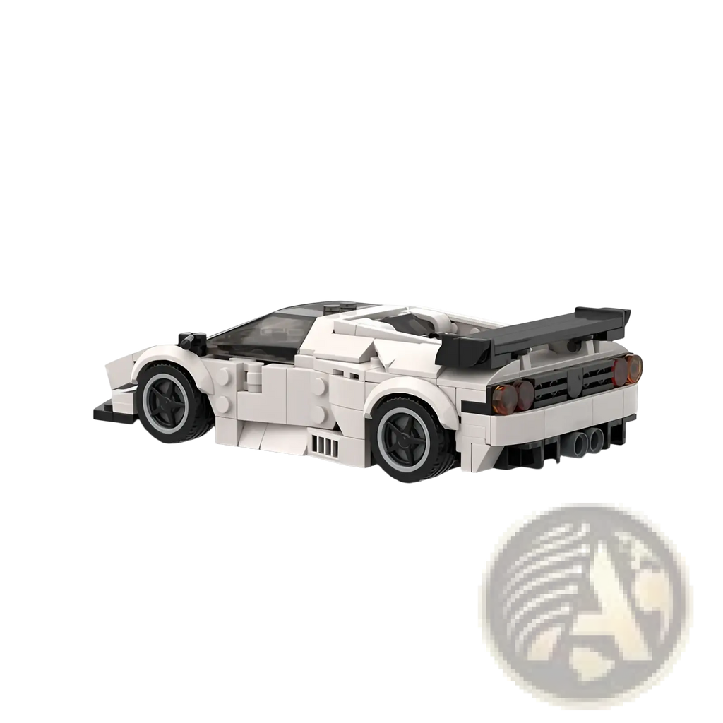 White and black Lego Technic sports car model Diablo GT with detailed aerodynamic features and realistic building blocks
