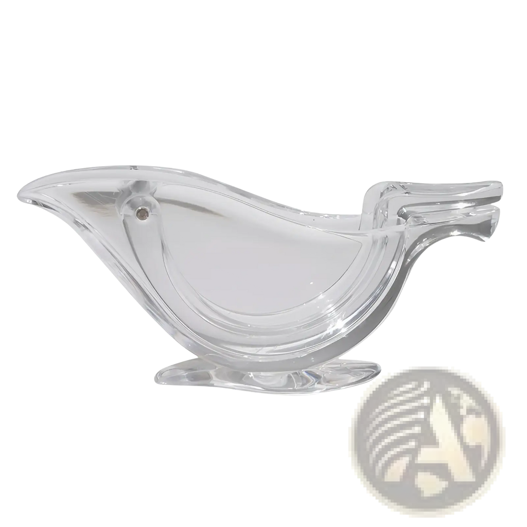 Clear glass bird-shaped lemon squeezer with sleek transparent acrylic design and smooth curves for manual citrus juicing