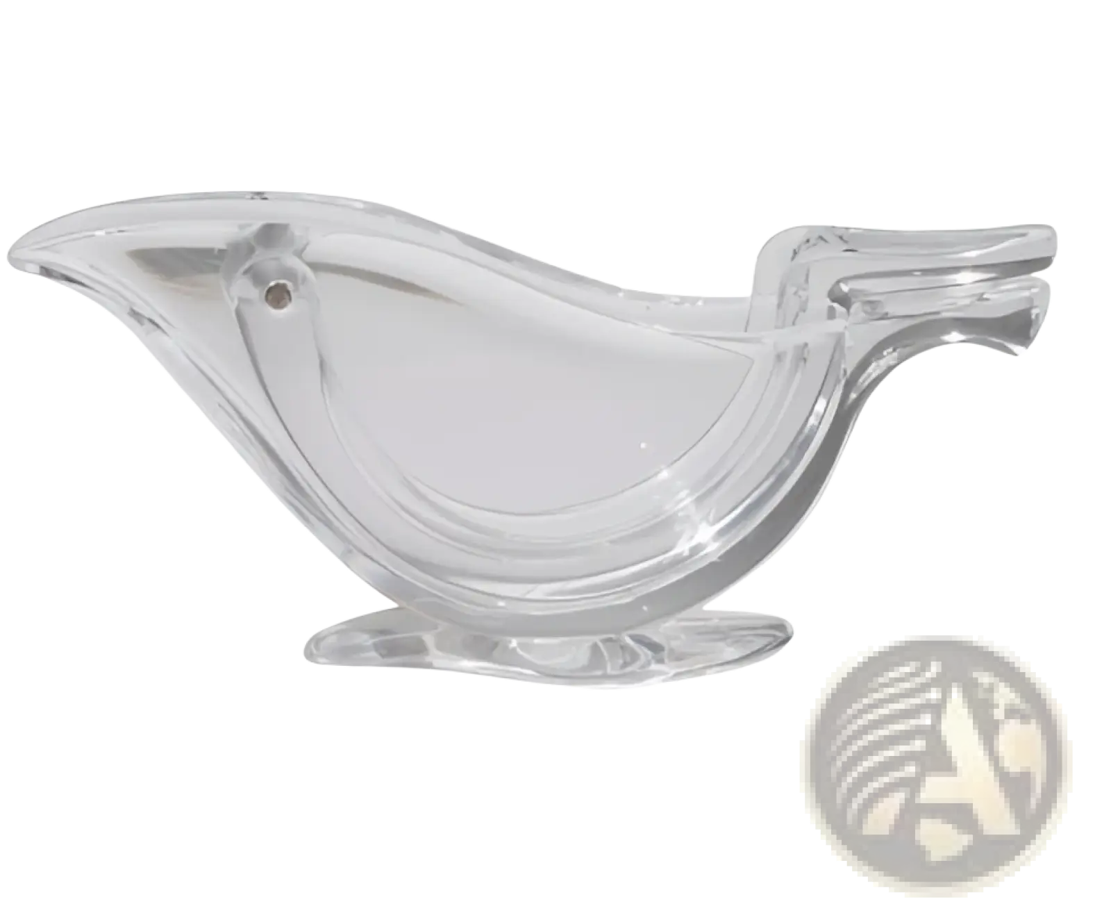 Clear glass bird-shaped lemon squeezer made of acrylic for manual citrus juicing and serving purposes