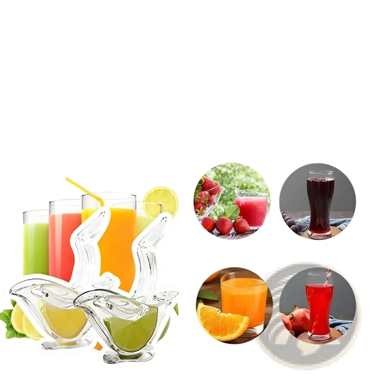 Clear glass juice dispenser shaped like a dolphin paired with a lemon squeezer bird acrylic manual citrus juicer tool