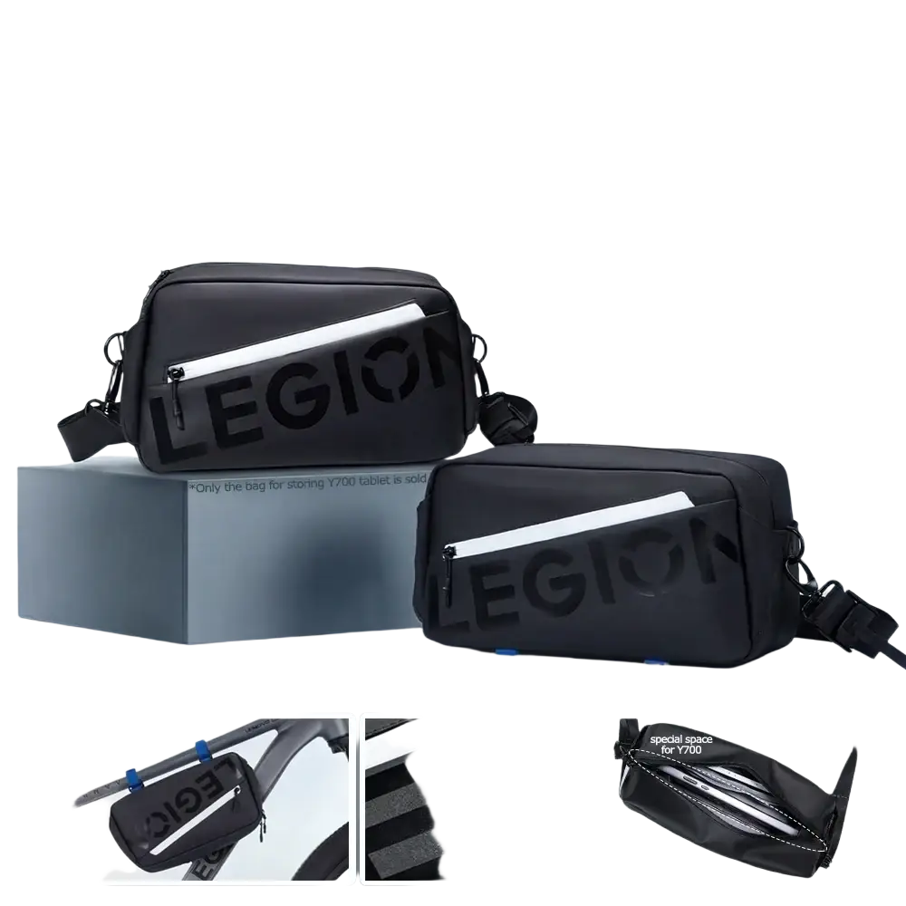 Black lenovo legion tablet waterproof messenger bag with sleek design white reflective stripes and bold legion lettering