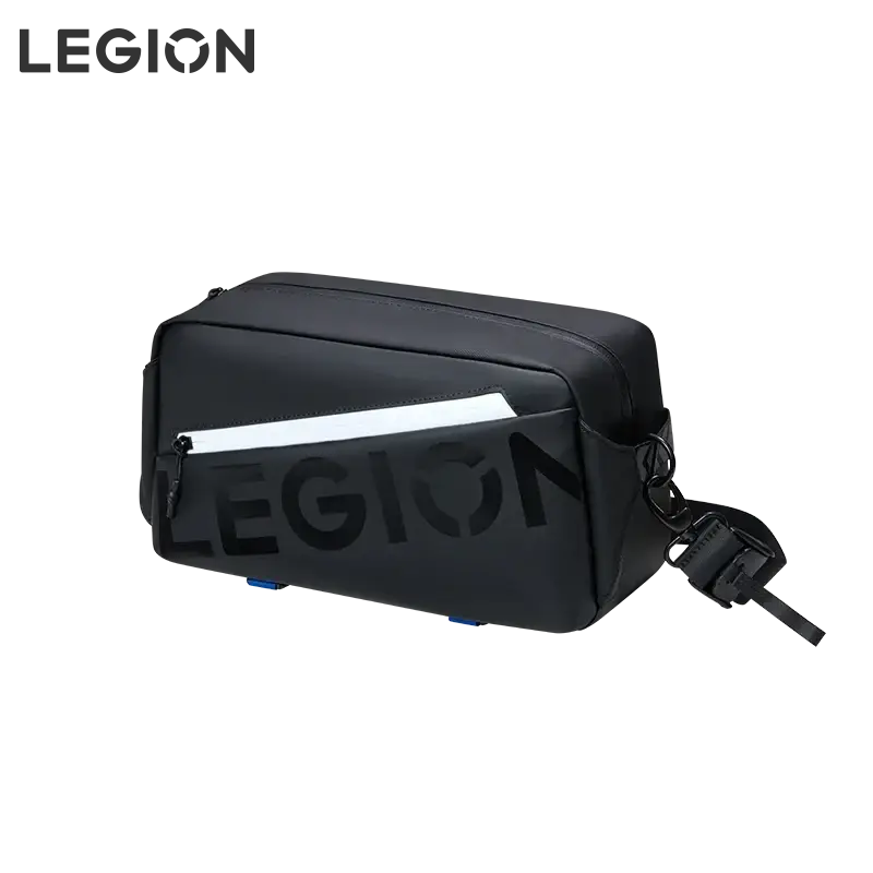 Black lenovo legion crossbody bag with sleek rectangular design and reflective silver stripe for lenovo legion tablet