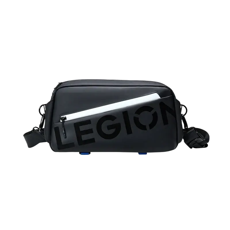 Lenovo Legion tablet waterproof messenger bag in black with glossy finish and silver reflective stripe accents