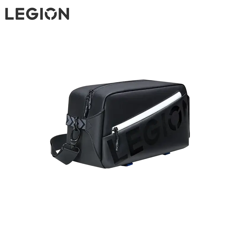 Lenovo Legion tablet waterproof messenger bag in black with reflective stripe and zipper details for Lenovo tab storage