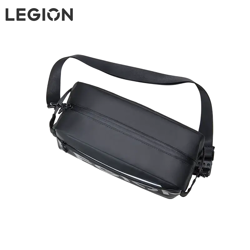 Black lenovo legion tablet waterproof messenger bag with sleek minimalist design and subtle white branding on side