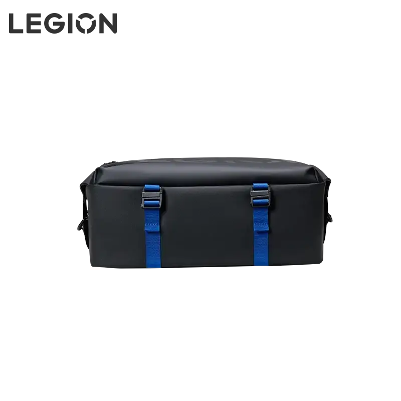 Black Lenovo Legion tablet waterproof messenger bag with bold blue straps and buckle closures for secure carrying