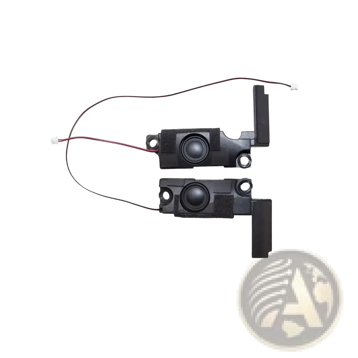 Lenovo Rescuer 14isk 15isk replacement black plastic laptop speakers with circular drivers and attached wiring shown from back side