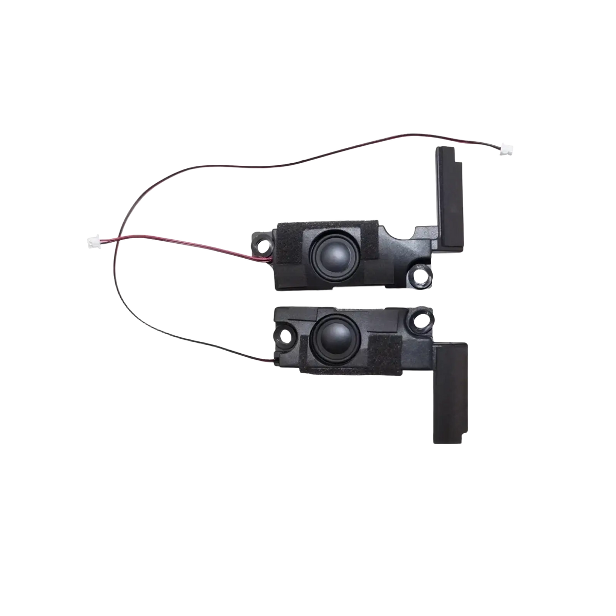 Lenovo Rescuer 14isk 15isk replacement black plastic laptop speakers with circular drivers and attached wiring shown from back side