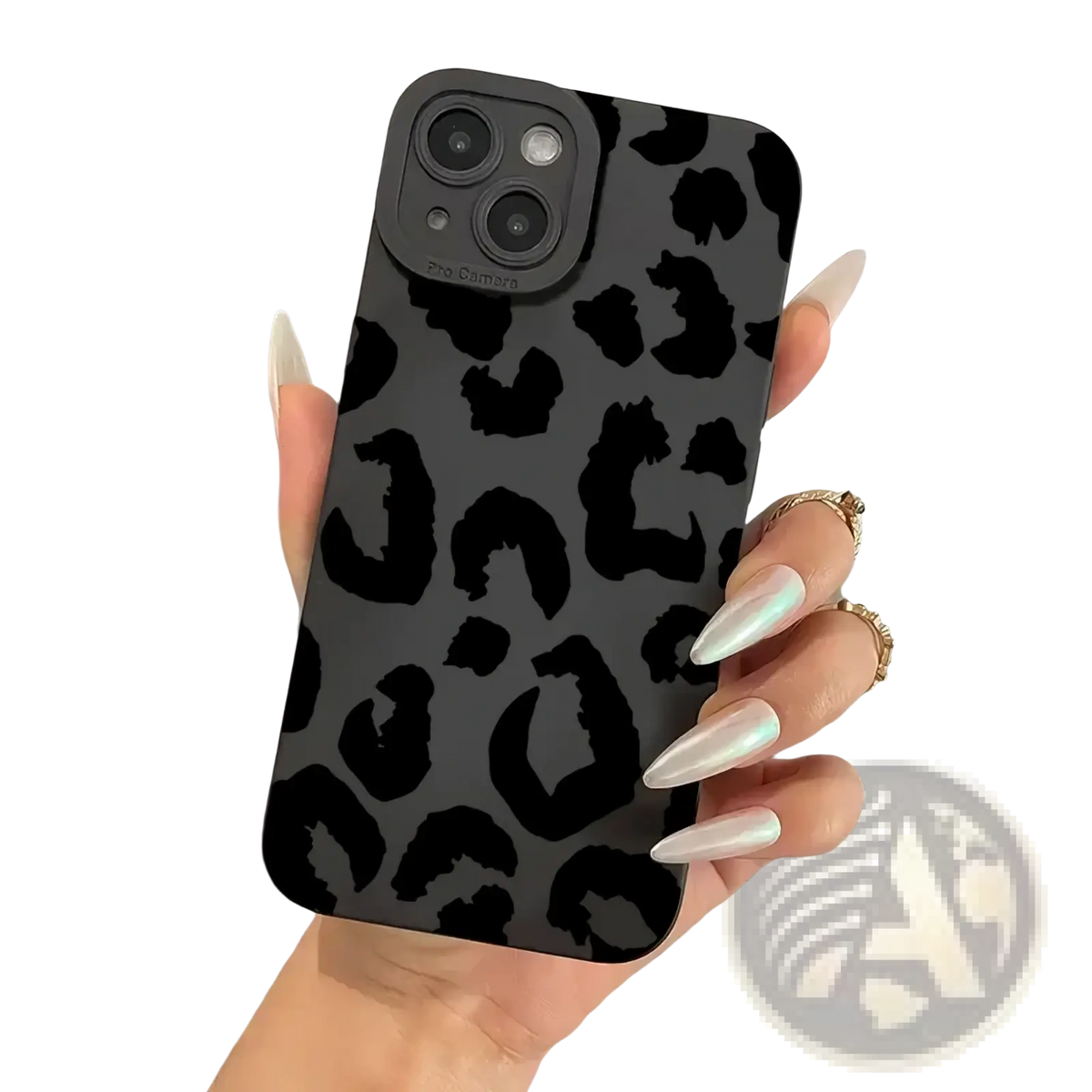 Back view of a matte black leopard-print iphone case with camera protection and a smooth matte finish
