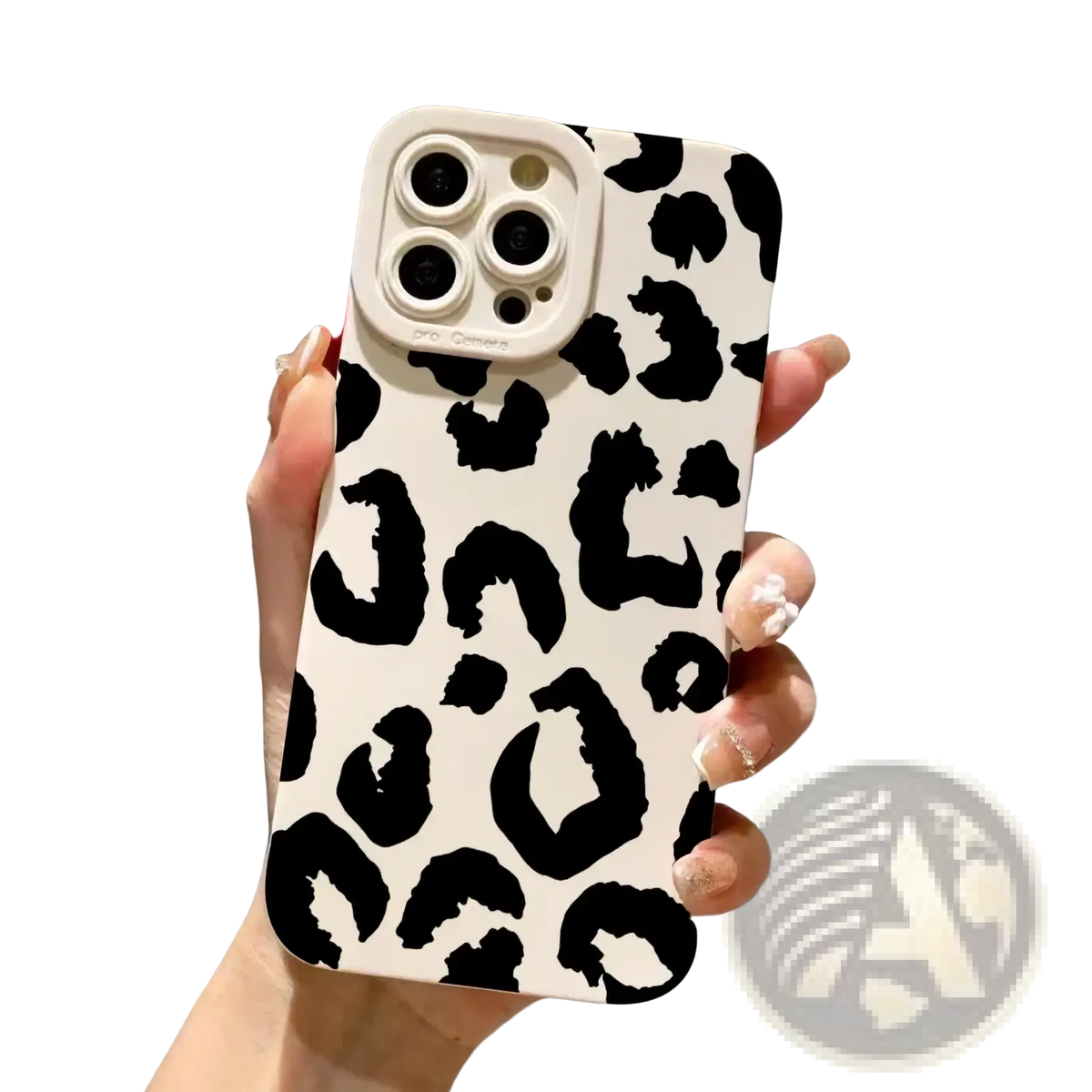 Back of a sleek white matte black iphone case with bold black leopard print and matching camera cutout for protection