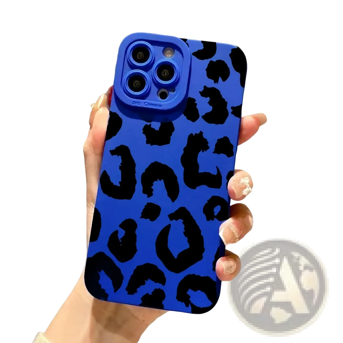 Back side of a vibrant blue leopard-print matte black iphone case with matching camera lens cover for protection