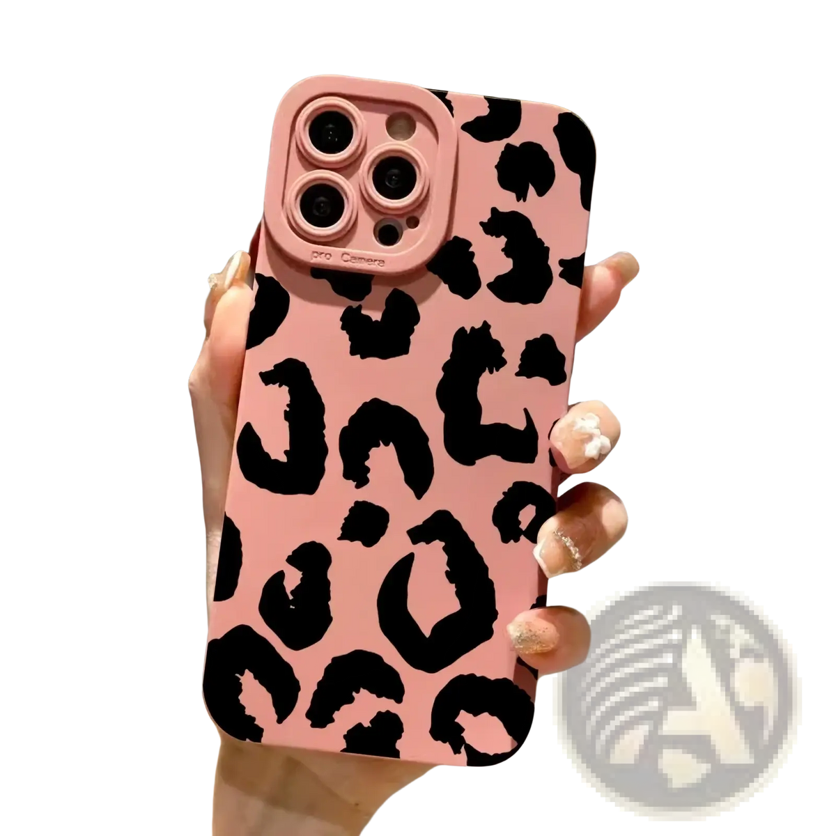 Back side of a pink leopard-print matte black iphone case with black spots and a protective camera cutout