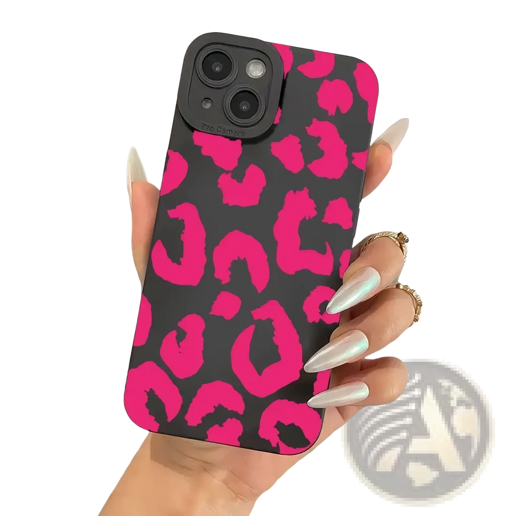 Leopard camera protective iPhone case matte black showing the back with vibrant pink and black leopard print matte finish