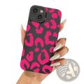 Leopard camera protective iPhone case matte black showing the back with vibrant pink and black leopard print matte finish