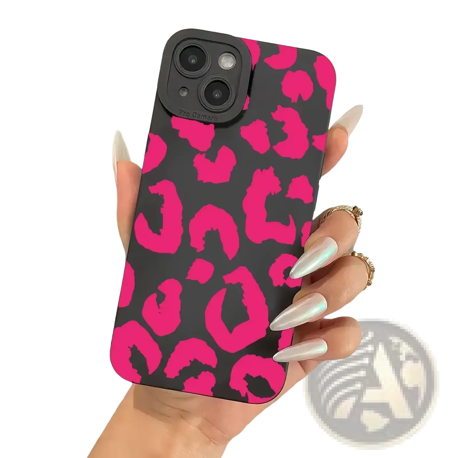 Leopard camera protective iPhone case matte black showing the back with vibrant pink and black leopard print matte finish