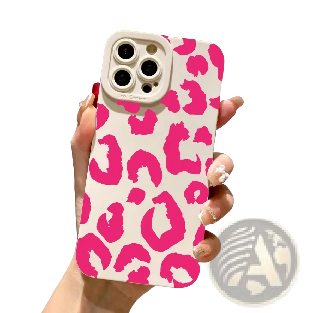 Back side of a vibrant pink leopard print matte black iphone case designed for triple-lens camera protection
