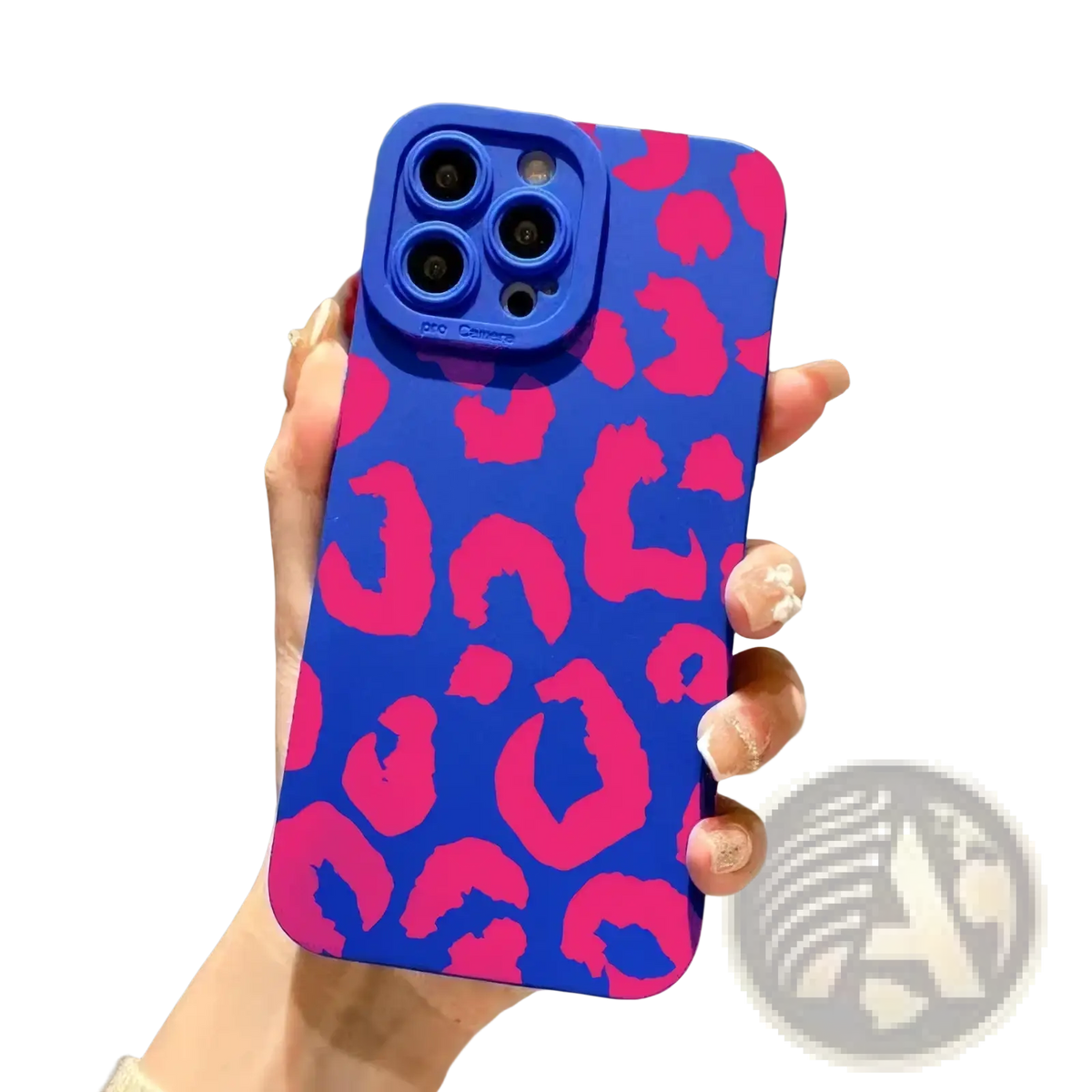 Vibrant blue leopard camera protective iPhone case with bold pink print matte black back side design