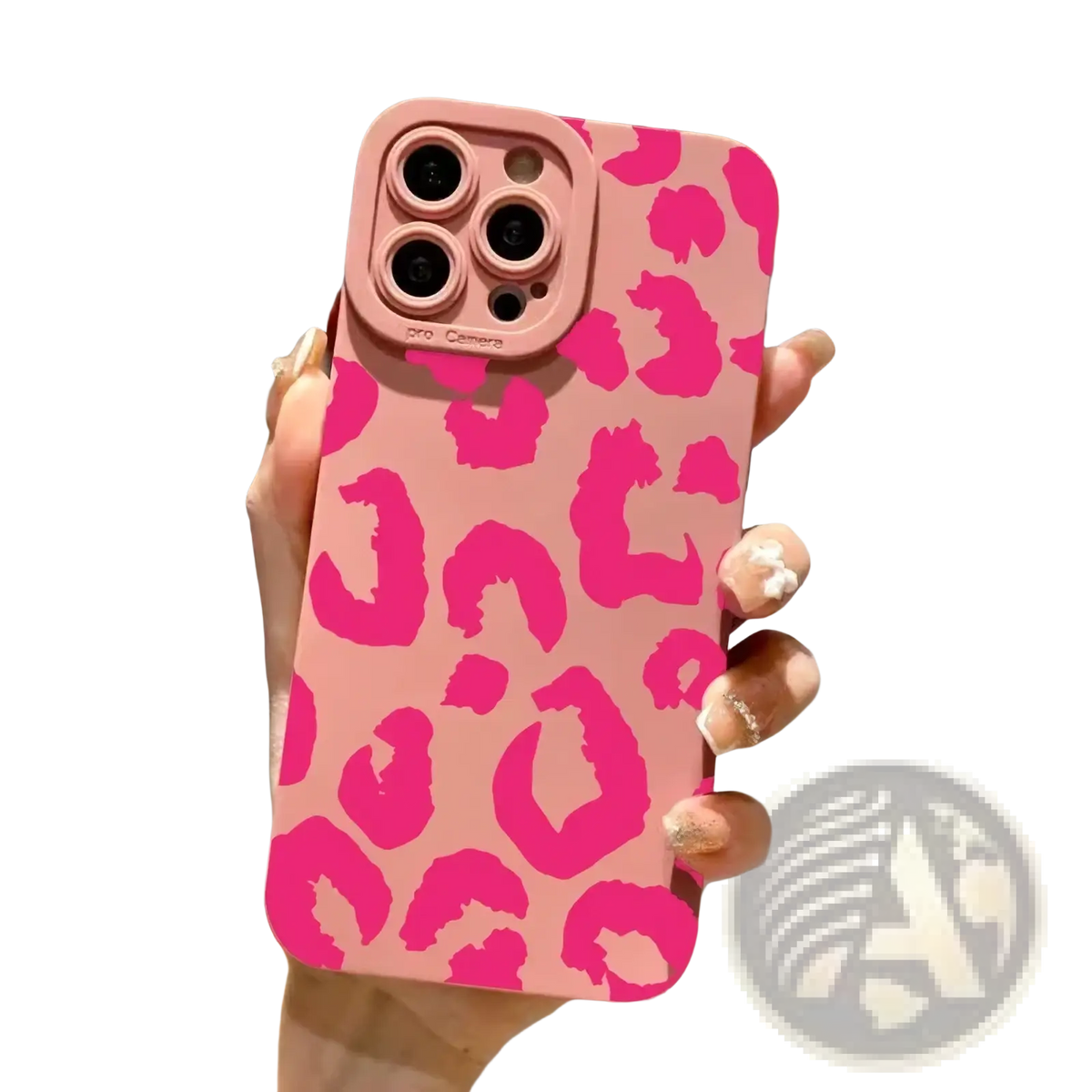 Back side of a leopard camera protective iphone case with a pink leopard print and matte black finish for iphone pro