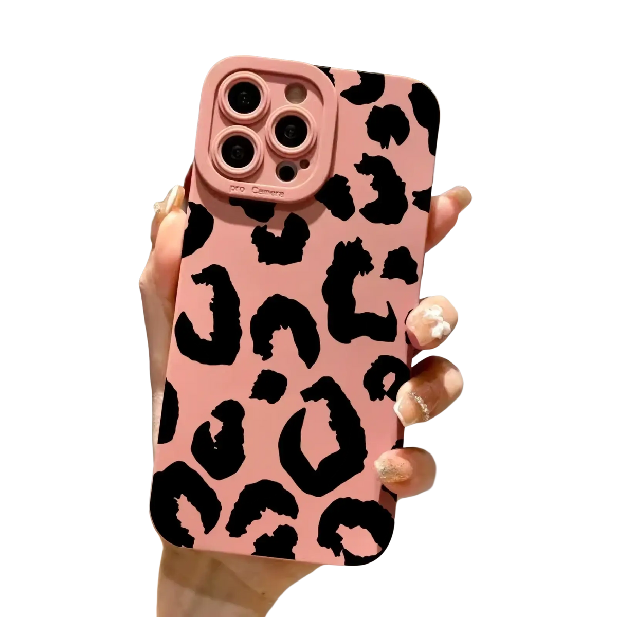 Back side of a pink leopard-print matte black iphone case with black spots and a protective camera cutout