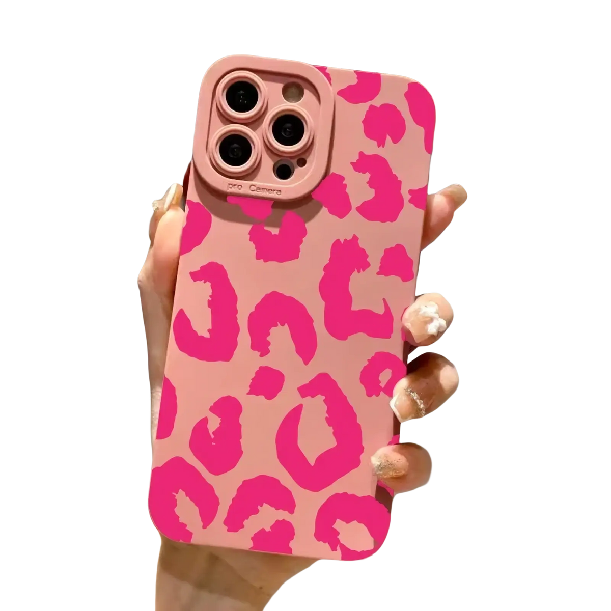 Back side of a leopard camera protective iphone case with a pink leopard print and matte black finish for iphone pro