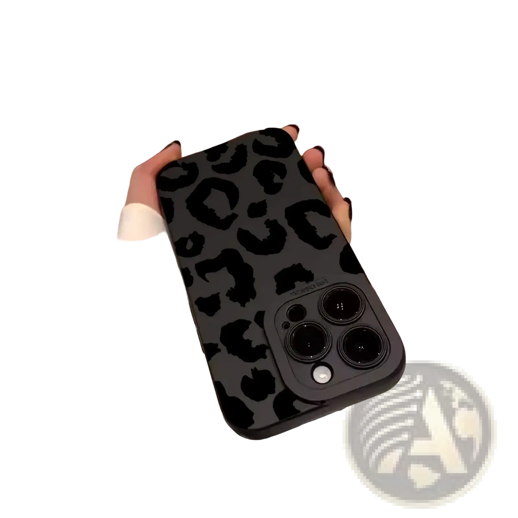 Back side of a matte black leopard-print iphone case with triple-lens camera protection and durable finish