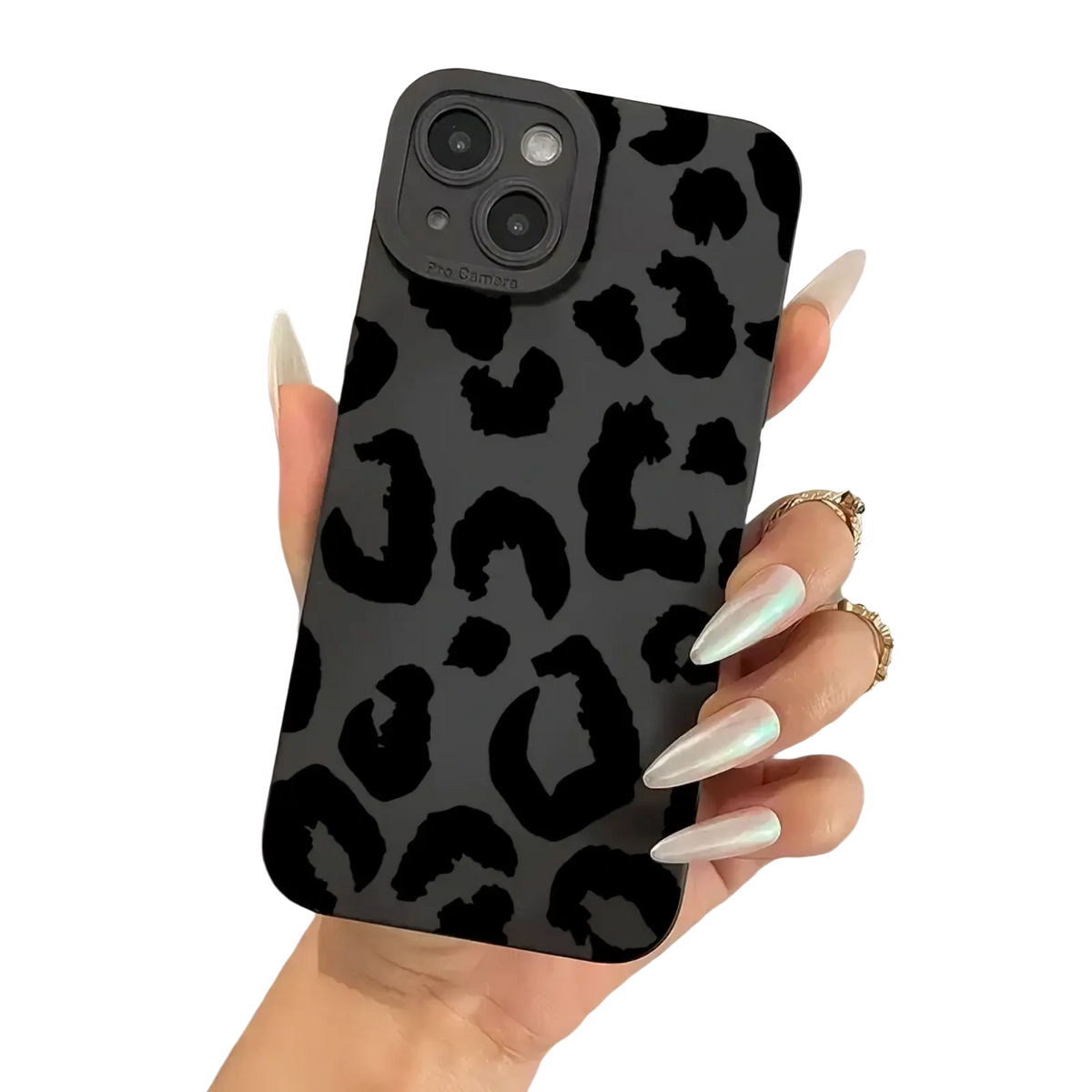 Back view of a matte black leopard-print iphone case with camera protection and a smooth matte finish