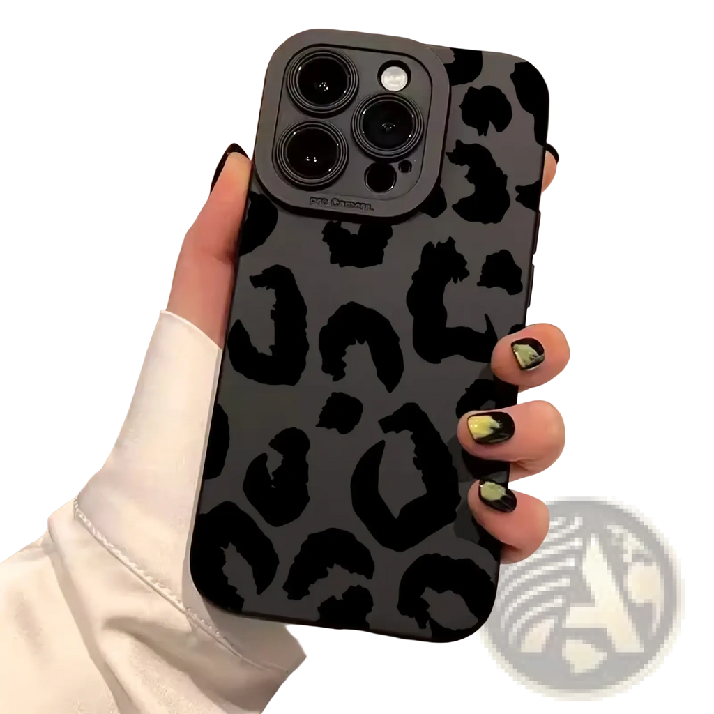 Black leopard-print matte phone case for iphone 13 pro max with camera protective design shown from back side