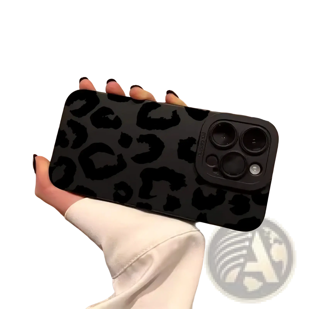 Black leopard-print matte phone case with camera protection for iphone 13 pro max shown from the back side