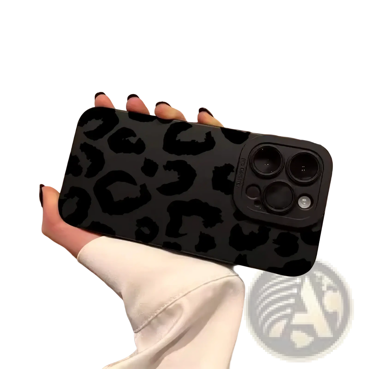 Black leopard-print matte phone case with camera protection for iphone 13 pro max shown from the back side