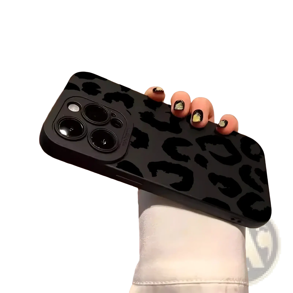 Black leopard-print matte finish iphone case shown from the back in a leopard camera protective design