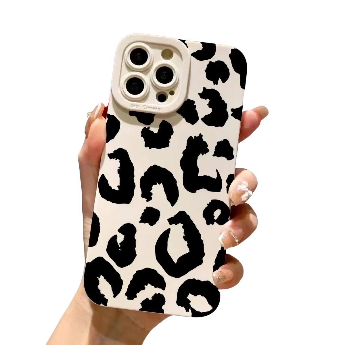 Back of a sleek white matte black iphone case with bold black leopard print and matching camera cutout for protection