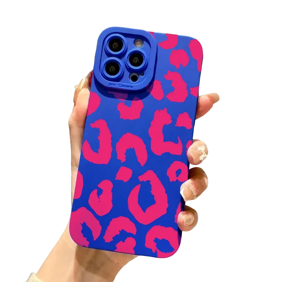 Vibrant blue leopard camera protective iPhone case with bold pink print matte black back side design