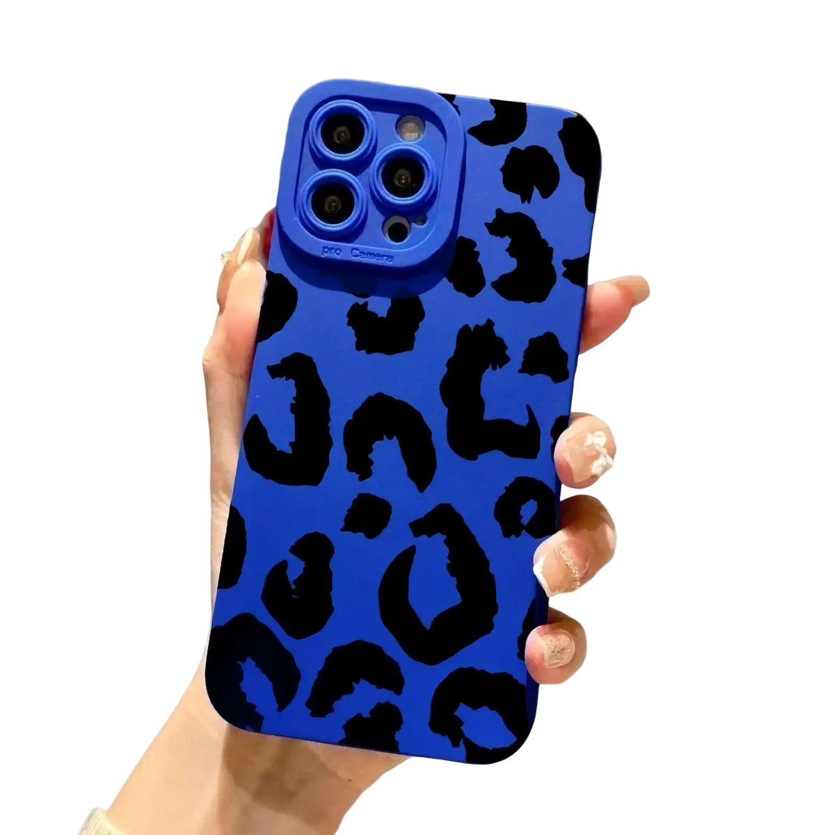Back side of a vibrant blue leopard-print matte black iphone case with matching camera lens cover for protection