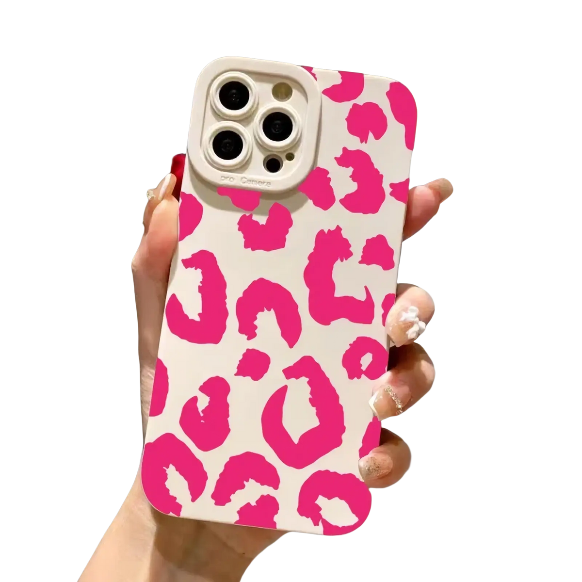 Back side of a vibrant pink leopard print matte black iphone case designed for triple-lens camera protection