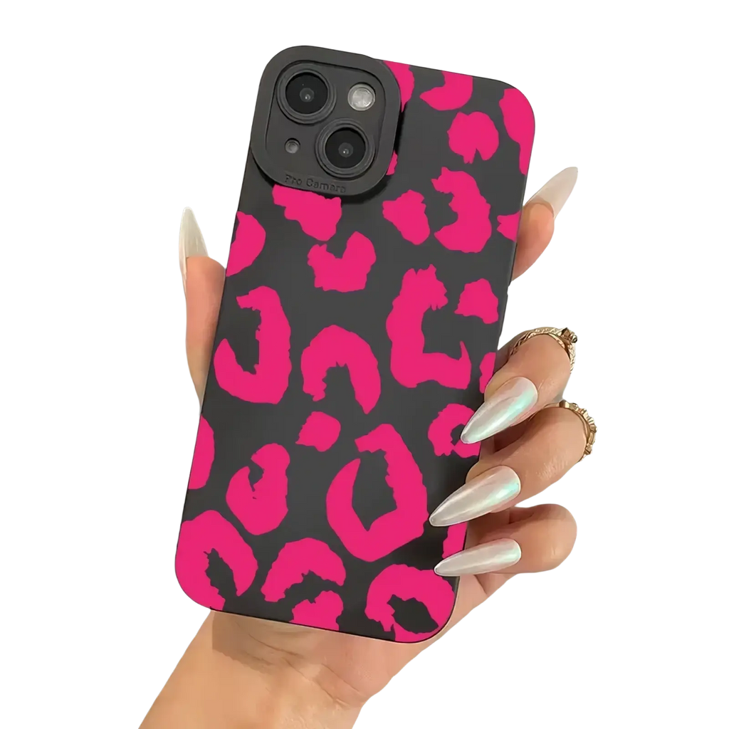 Leopard camera protective iPhone case matte black showing the back with vibrant pink and black leopard print matte finish