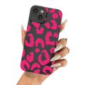 Leopard camera protective iPhone case matte black showing the back with vibrant pink and black leopard print matte finish