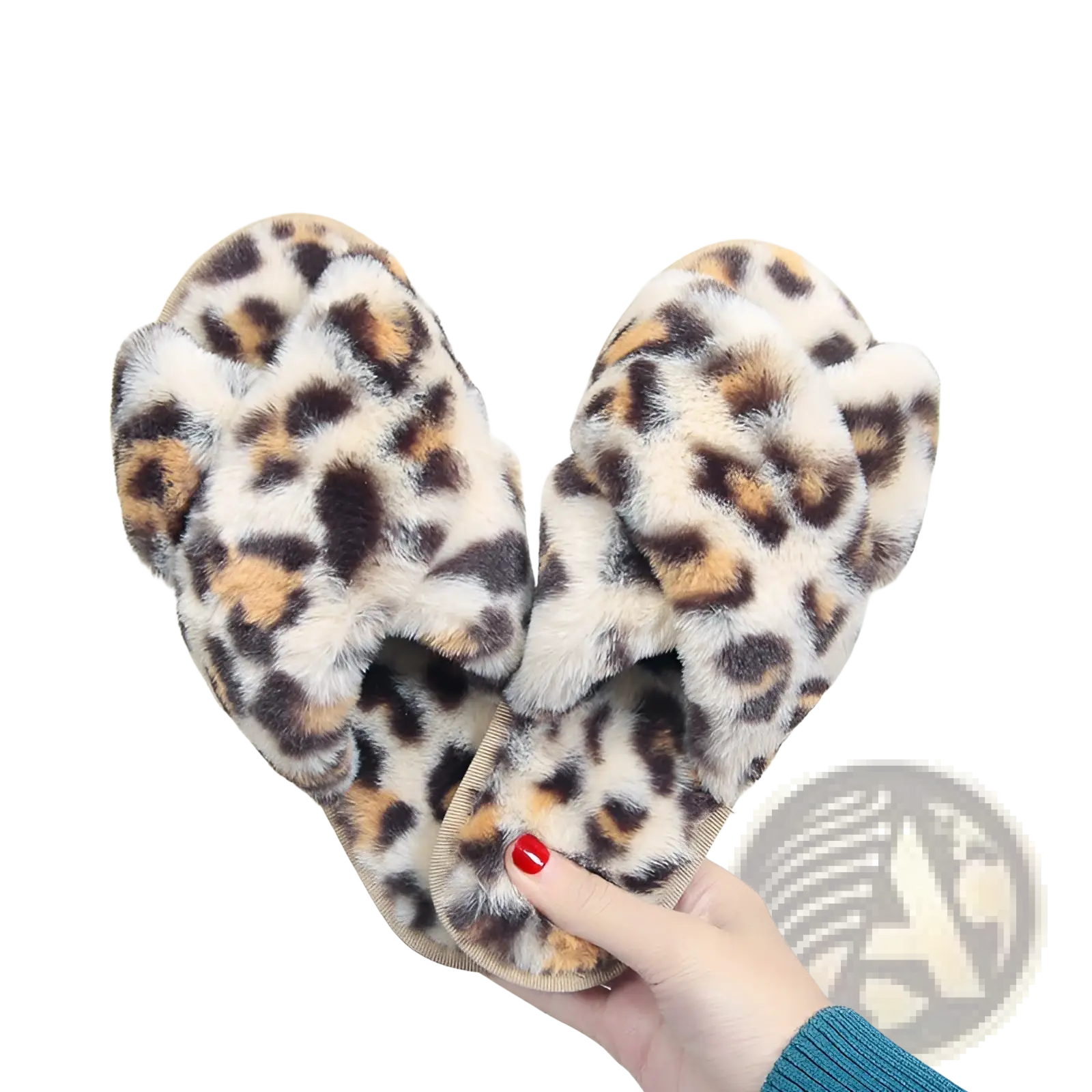 Leopard fuzzy cross strap plush house slippers with soft furry texture and tan black and brown leopard print spots