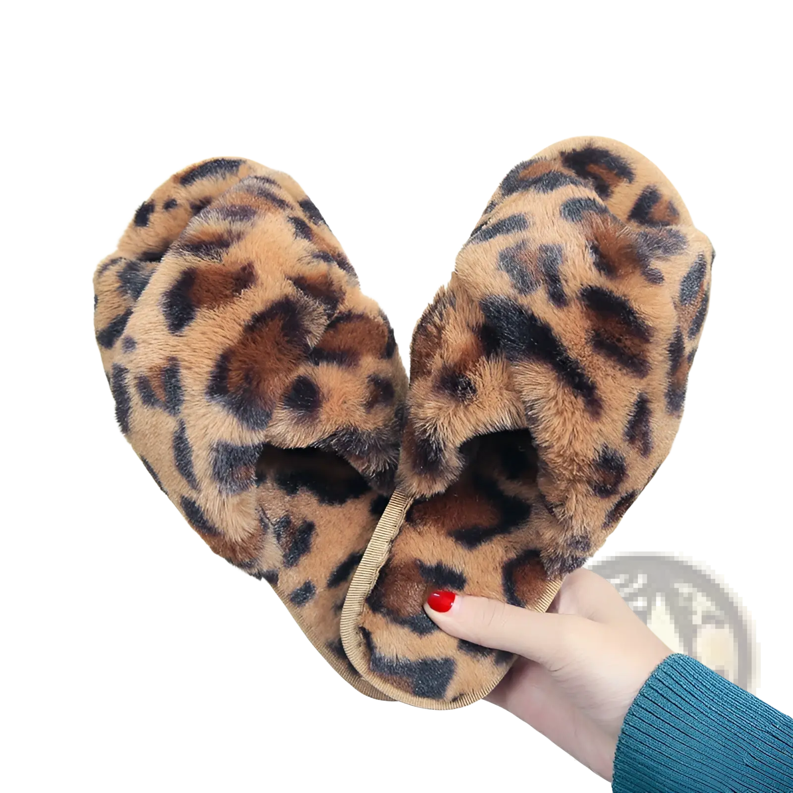 Leopard fuzzy cross strap plush house slippers with a soft tan brown base and dark brown leopard print spots