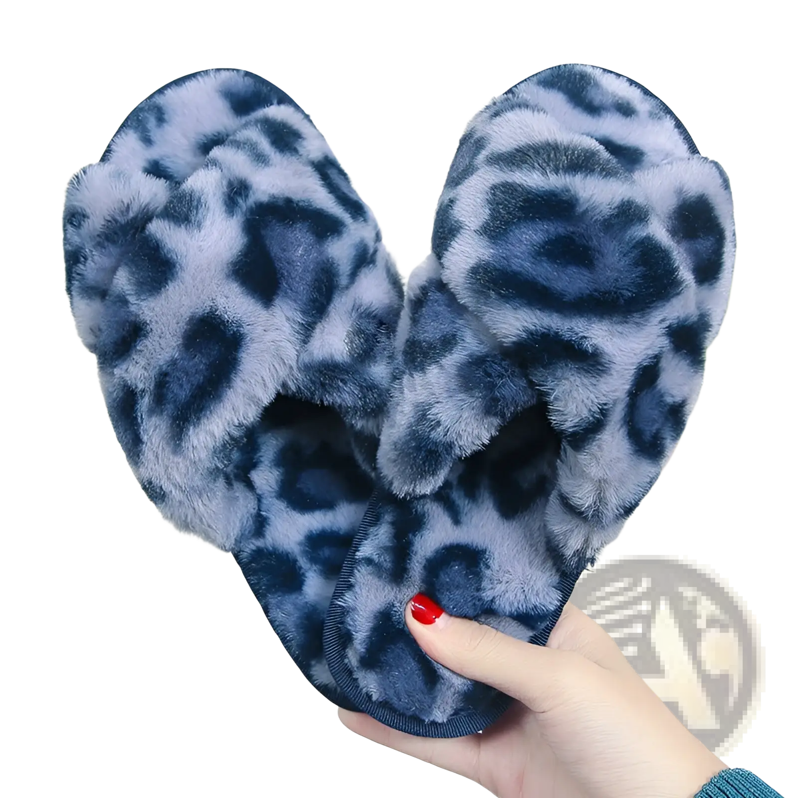 Soft blue and black leopard-print plush house slippers with fuzzy cross straps for indoor comfort