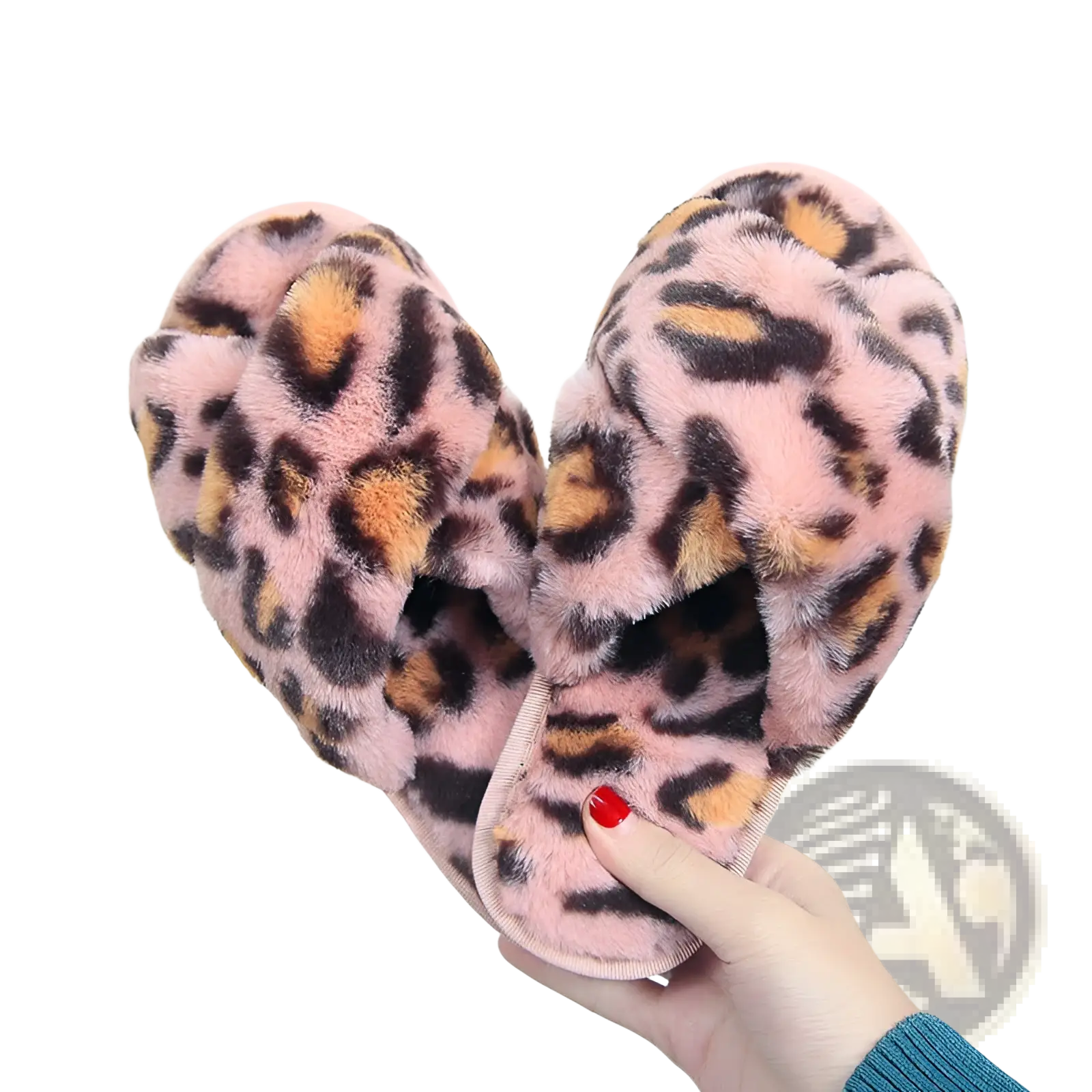 Pink leopard-print fuzzy cross strap plush house slippers with a soft texture and slip-on design