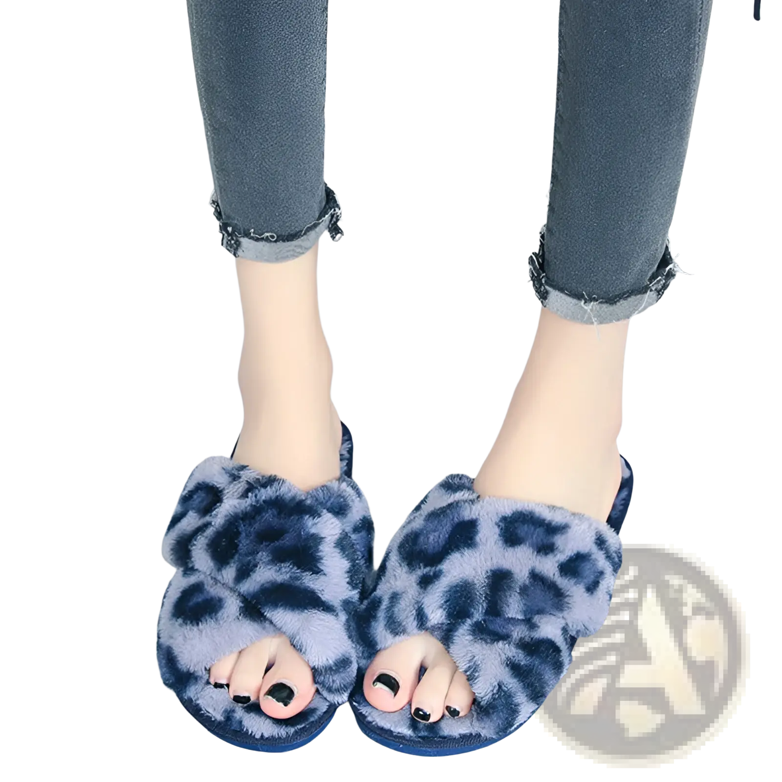 Blue and gray leopard print fuzzy slide sandals with cross straps made of plush material for indoor use