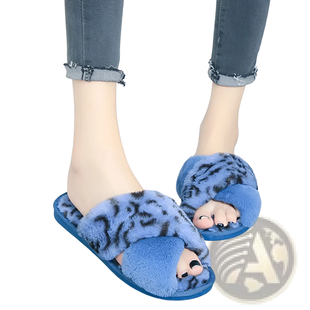 Blue fuzzy slip-on sandals with black leopard print plush cross strap for comfortable indoor wear