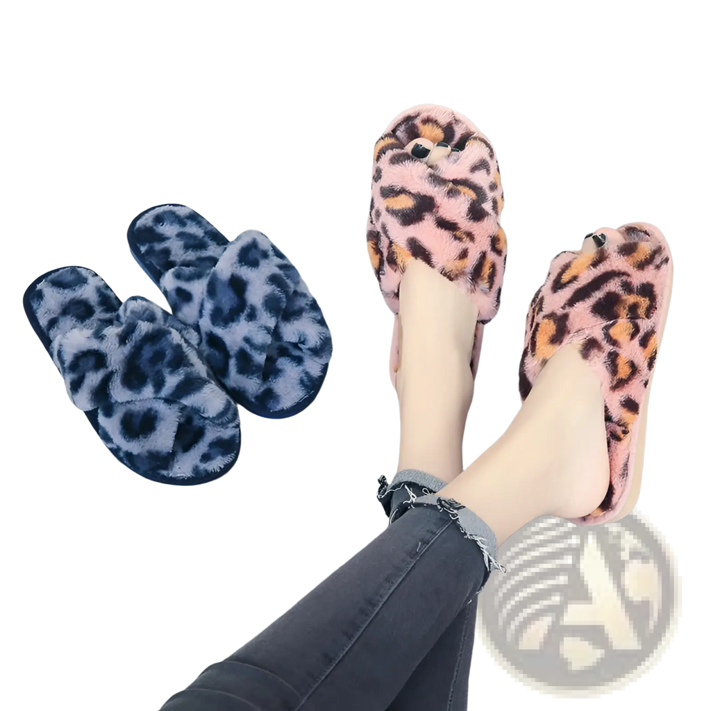 Pink leopard-print fuzzy cross strap plush house slippers with a soft, plush texture and subtle sheen