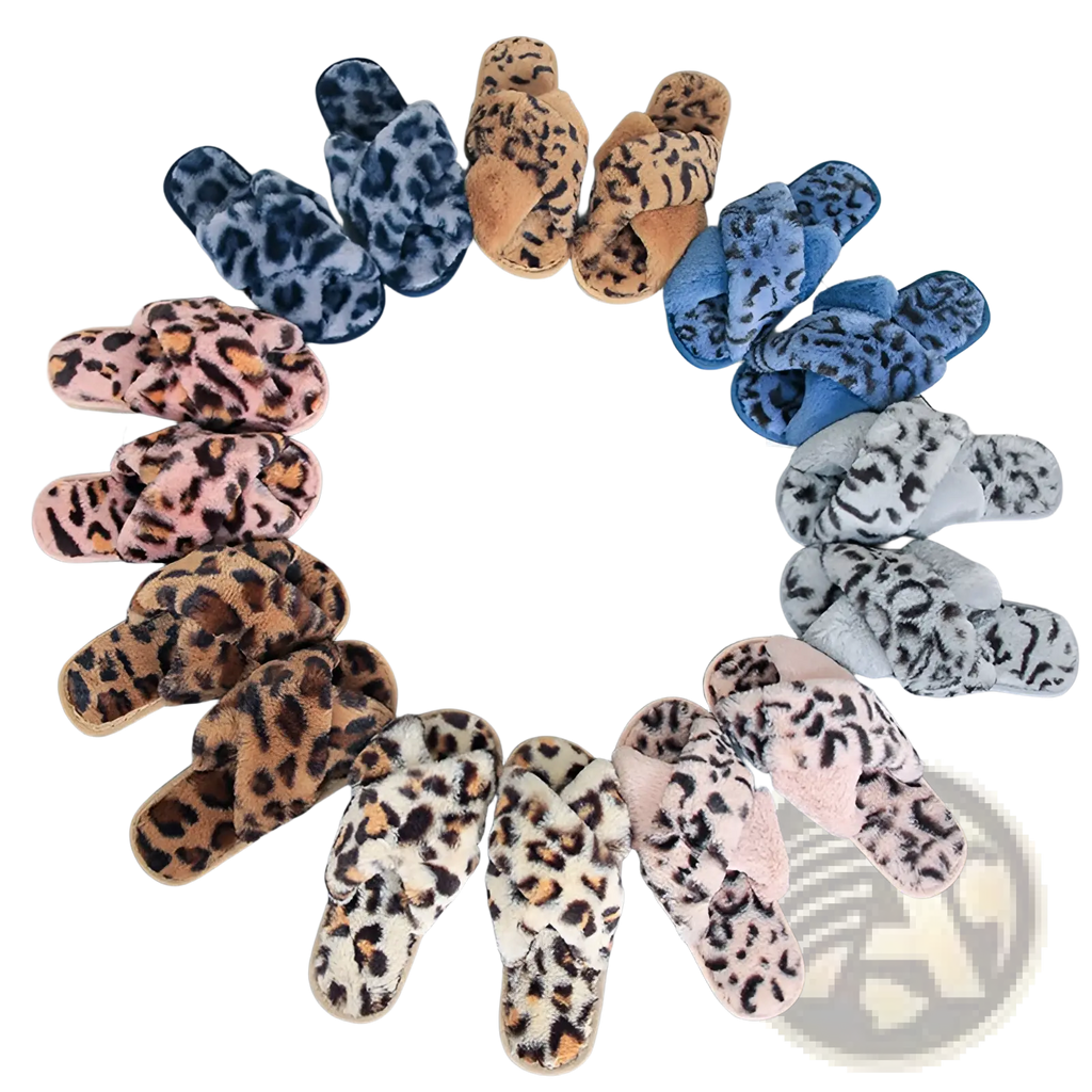 Leopard fuzzy cross strap plush house slippers in assorted colors including blue pink beige and gray for indoor use