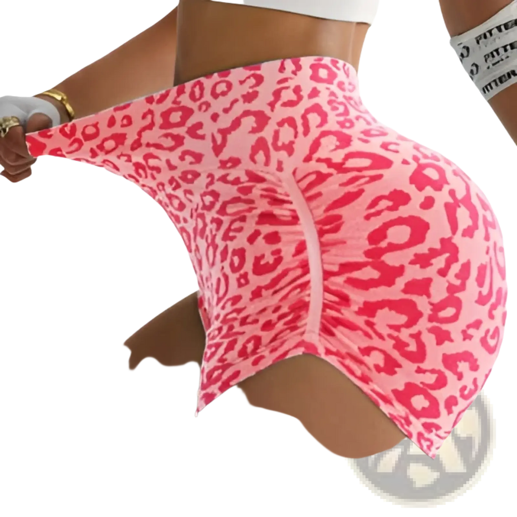 Pink leopard print high waisted athletic shorts with elastic waistband and side zipper for fitness and butt lifting