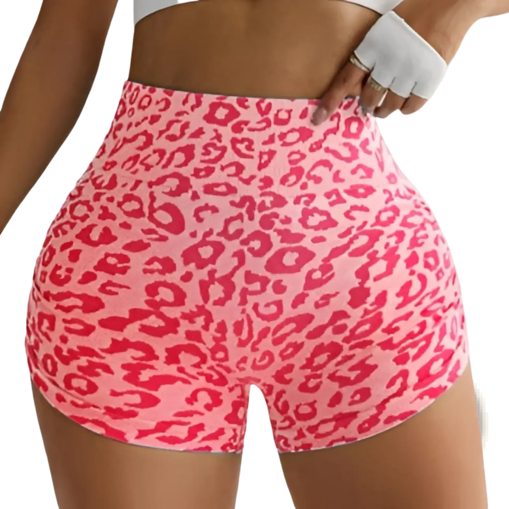 Pink leopard print high waisted butt lifting fitness shorts shown from the back for workout and activewear use